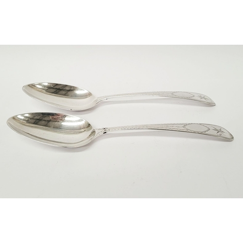 10 - A VERY GOOD PAIR OF IRISH GEORGE III EARLY 19TH CENTURY BRIGHTCUT DECORATED SILVER SERVING SPOONS, b... 