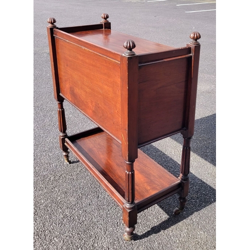 103 - A LATE 19TH / EARLY 20TH CENTURY MAHOGANY THREE TIER SIDE BOARD/OPEN CABINET, the tip of each of the... 