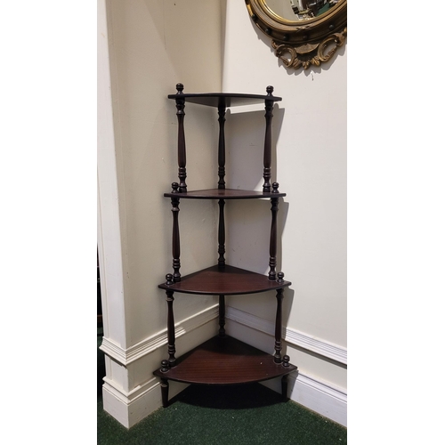 104 - A GOOD QUALITY FOUR TIER BOW FRONTED CORNER ‘WHAT NOT’ UNIT, each of the curved shelves raised on th... 