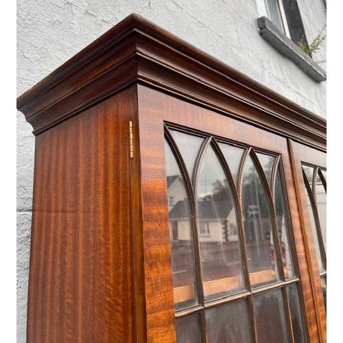 109 - A VERY GOOD QUALITY PAIR OF FLAME MAHOGANY GLAZED LIBRARY BOOKCASES, each with a pair of gothic styl... 