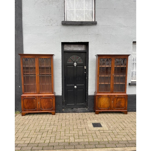 109 - A VERY GOOD QUALITY PAIR OF FLAME MAHOGANY GLAZED LIBRARY BOOKCASES, each with a pair of gothic styl... 