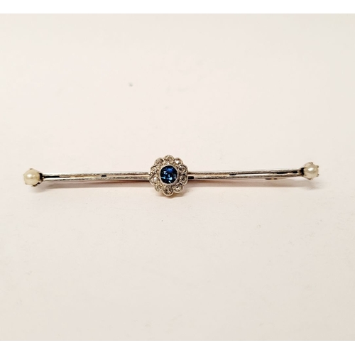 110 - A 15CT YELLOW GOLD & PLATINUM SAPPHIRE & DIAMOND BAR BROOCH, with a central raised crown setting hol... 