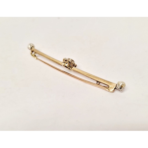 110 - A 15CT YELLOW GOLD & PLATINUM SAPPHIRE & DIAMOND BAR BROOCH, with a central raised crown setting hol... 