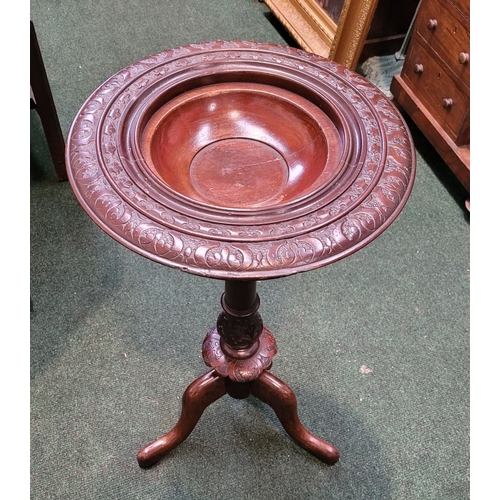 113 - A FINE 19TH CENTURY MAHOGANY CARVED & WOODTURNED WASH STAND, with a circular bowl holder to the top ... 