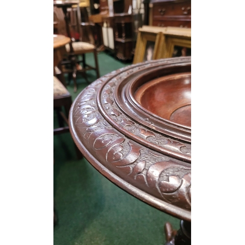 113 - A FINE 19TH CENTURY MAHOGANY CARVED & WOODTURNED WASH STAND, with a circular bowl holder to the top ... 