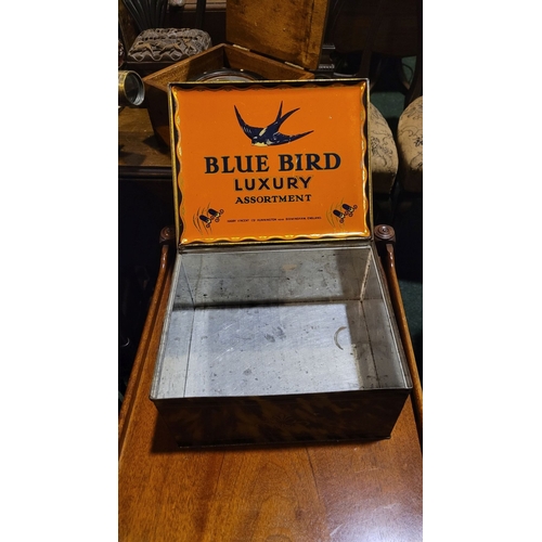 117 - A LOVELY VINTAGE ADVERTISING TIN BOX – BLUE BIRD LUXURY ASSORTMENT; a large rectangular hinged tin b... 