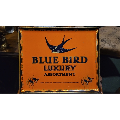 117 - A LOVELY VINTAGE ADVERTISING TIN BOX – BLUE BIRD LUXURY ASSORTMENT; a large rectangular hinged tin b... 