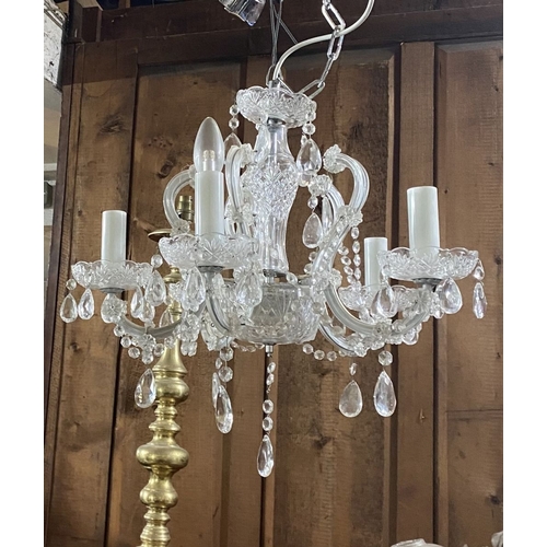 123 - A BEAUTIFUL CRYSTAL FIVE BRANCH CHANDELIER, with cut glass support, five scrolling branches with cut... 