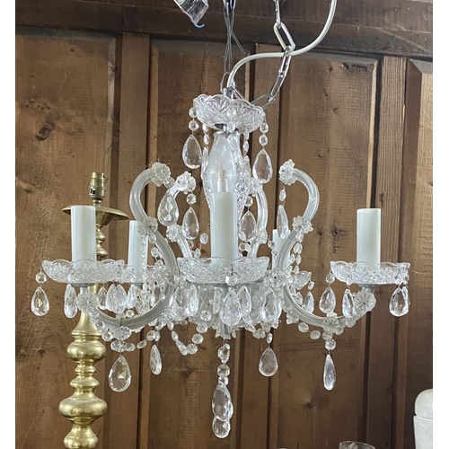 123 - A BEAUTIFUL CRYSTAL FIVE BRANCH CHANDELIER, with cut glass support, five scrolling branches with cut... 