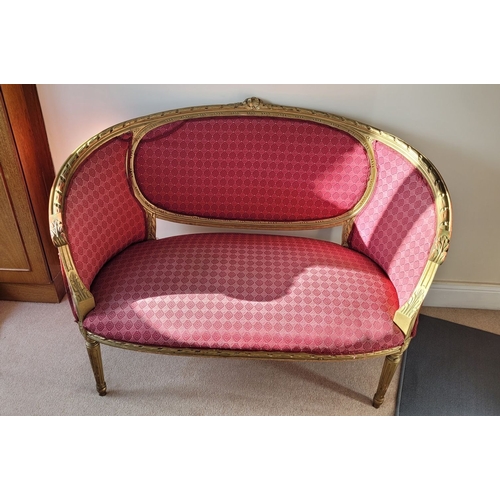 128 - A SUITE OF FRENCH STYLE CHAIRS – includes a two seater sofa & two side chairs. Each upholstered in m... 