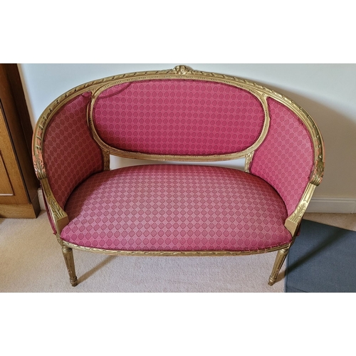 128 - A SUITE OF FRENCH STYLE CHAIRS – includes a two seater sofa & two side chairs. Each upholstered in m... 