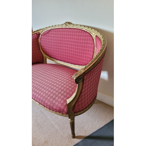 128 - A SUITE OF FRENCH STYLE CHAIRS – includes a two seater sofa & two side chairs. Each upholstered in m... 