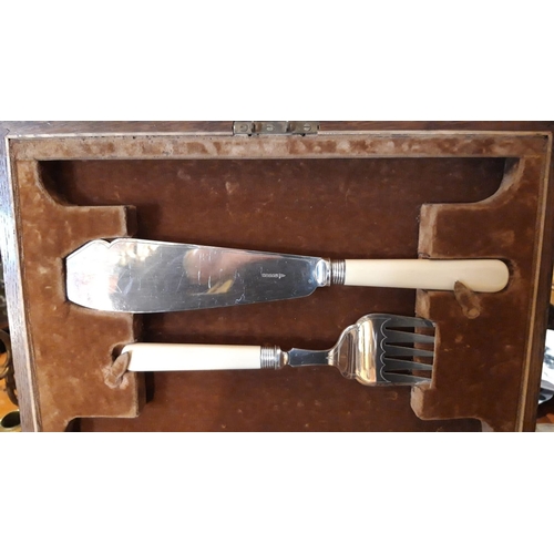 382 - AN EDWARDIAN MAHOGANY CASED SET OF FISH KNIVES & FORKS, together with matching servers by the maker ... 