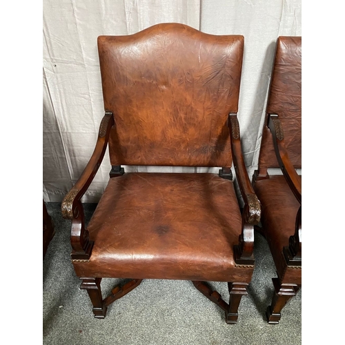 13 - AN EXCELLENT PAIR OF BROWN LEATHER LIBRARY ARMCHAIRS, with brown leather upholstered backrests and s... 