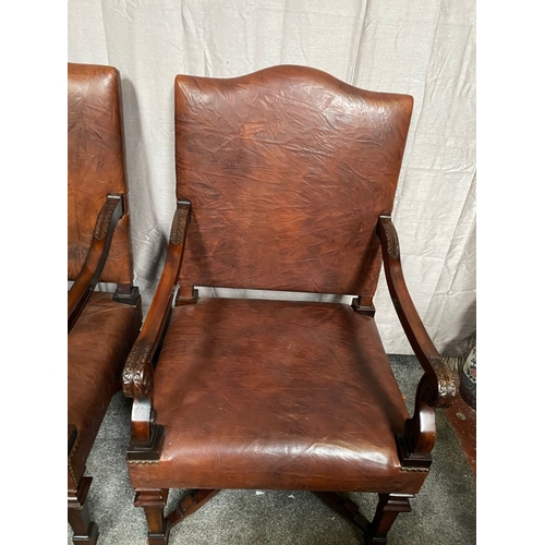 13 - AN EXCELLENT PAIR OF BROWN LEATHER LIBRARY ARMCHAIRS, with brown leather upholstered backrests and s... 