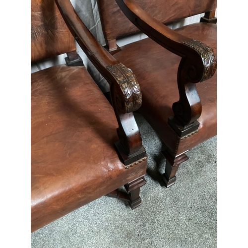 13 - AN EXCELLENT PAIR OF BROWN LEATHER LIBRARY ARMCHAIRS, with brown leather upholstered backrests and s... 