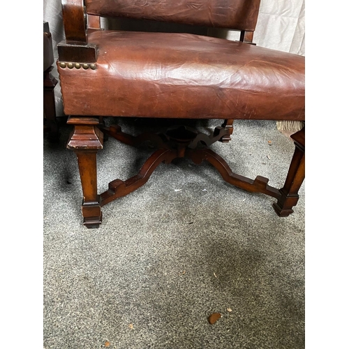 13 - AN EXCELLENT PAIR OF BROWN LEATHER LIBRARY ARMCHAIRS, with brown leather upholstered backrests and s... 