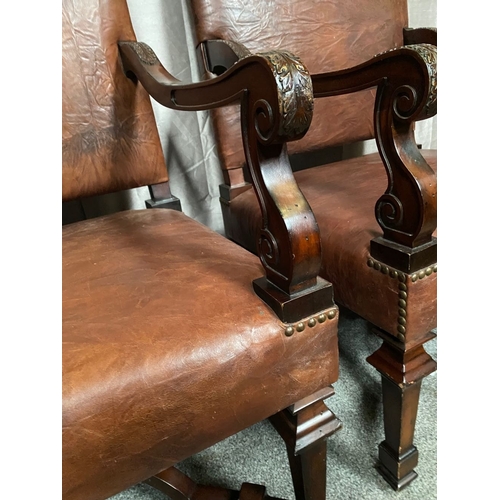 13 - AN EXCELLENT PAIR OF BROWN LEATHER LIBRARY ARMCHAIRS, with brown leather upholstered backrests and s... 