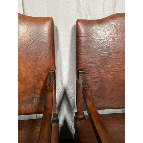 13 - AN EXCELLENT PAIR OF BROWN LEATHER LIBRARY ARMCHAIRS, with brown leather upholstered backrests and s... 