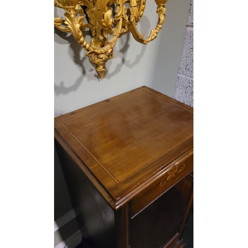 135 - AN EDWARDIAN MAHOGANY & SATINWOOD INLAID MUSIC CABINET, with inlay detail to the top & door; above t... 