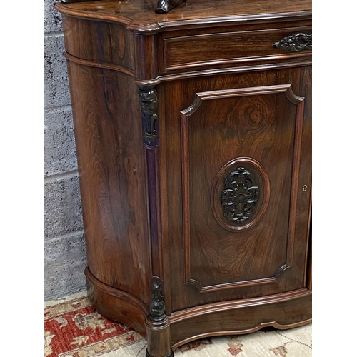 139 - A 19TH CENTURY MAHOGANY JACOBEAN STYLE CHIFFONIER, shelf supported by ornate carved scrolls, over tw... 