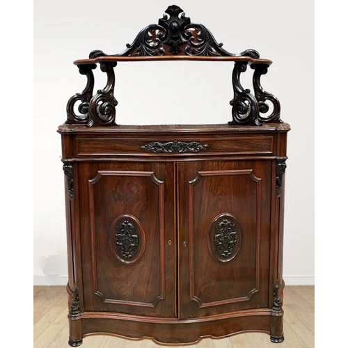 139 - A 19TH CENTURY MAHOGANY JACOBEAN STYLE CHIFFONIER, shelf supported by ornate carved scrolls, over tw... 