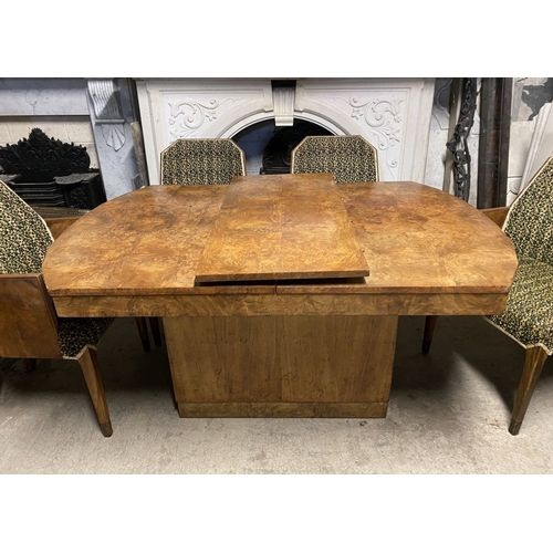 141 - AN EXCELLENT ART DECO WALNUT EXTENDING DINING TABLE WITH FOUR CHAIRS & TWO CARVERS, c.1940, the tabl... 