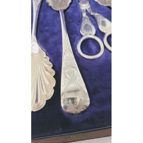 146 - AN EXCELLENT CASED SET OF VICTORIAN SILVER PLATED FRUIT SERVERS, comprising of four scallop shaped s... 