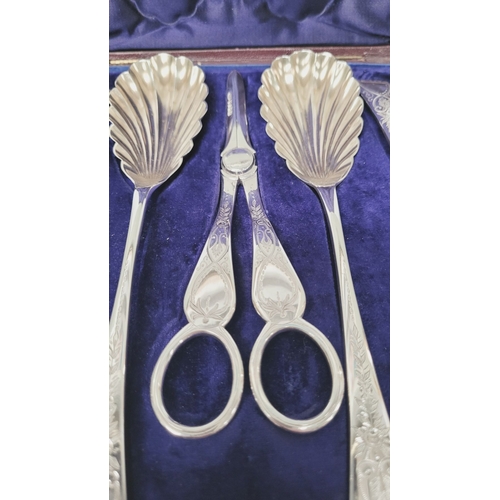 146 - AN EXCELLENT CASED SET OF VICTORIAN SILVER PLATED FRUIT SERVERS, comprising of four scallop shaped s... 