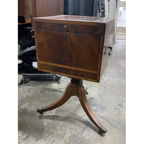 147 - A 19TH CENTURY MAHOGANY INLAID TEAPOY, the satinwood inlaid and hinged top opening to reveal fitted ... 