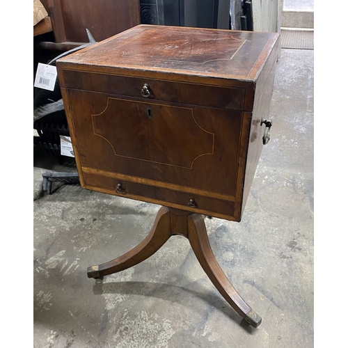 147 - A 19TH CENTURY MAHOGANY INLAID TEAPOY, the satinwood inlaid and hinged top opening to reveal fitted ... 