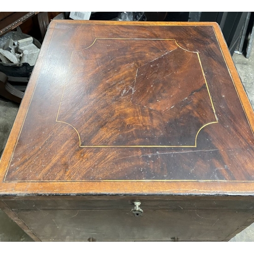 147 - A 19TH CENTURY MAHOGANY INLAID TEAPOY, the satinwood inlaid and hinged top opening to reveal fitted ... 