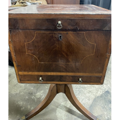 147 - A 19TH CENTURY MAHOGANY INLAID TEAPOY, the satinwood inlaid and hinged top opening to reveal fitted ... 