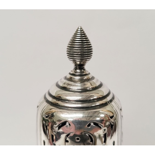 149 - AN EARLY 19TH CENTURY SILVER SUGAR CASTER, having pierced lid with finial to the tip, the body with ... 