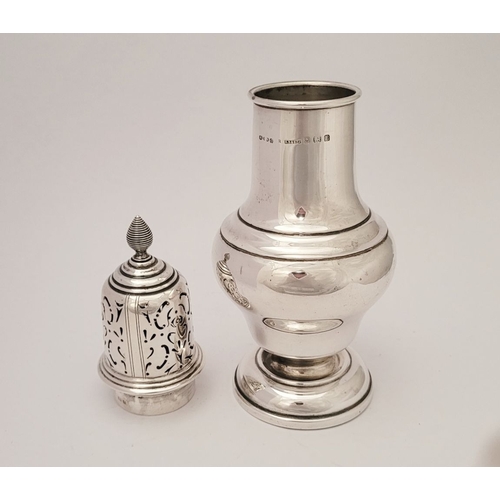 149 - AN EARLY 19TH CENTURY SILVER SUGAR CASTER, having pierced lid with finial to the tip, the body with ... 