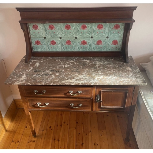 151 - A VICTORIAN DUCHESS MARBLE TOPPED DRESSER with painted tile backboard resting over the marble top; t... 