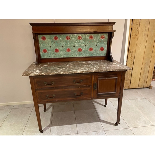 151 - A VICTORIAN DUCHESS MARBLE TOPPED DRESSER with painted tile backboard resting over the marble top; t... 