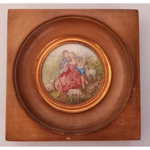 155 - A FRAMED MINIATURE PORTRAIT OF A COURTING COUPLE, 13cm square.