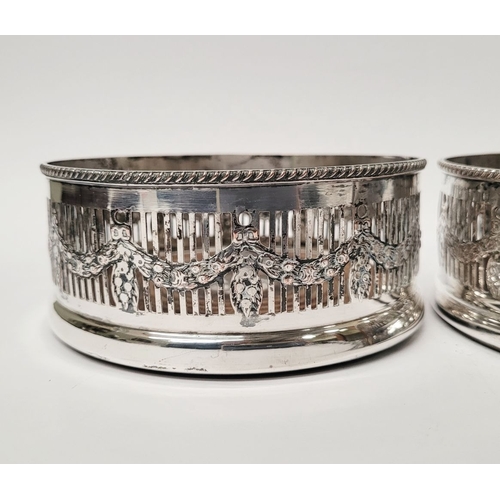 167 - A GOOD PAIR OF SILVER PLATED WINE COSTERS, Sheffield plate, with maker's details to the base of each... 