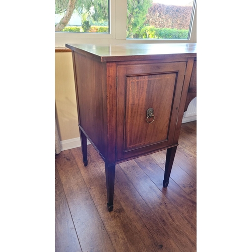 19 - A VERY GOOD EDWARDIAN MAHOGANY SATINWOOD INLAID SIDE BOARD / SERVER, with a bow front with a central... 