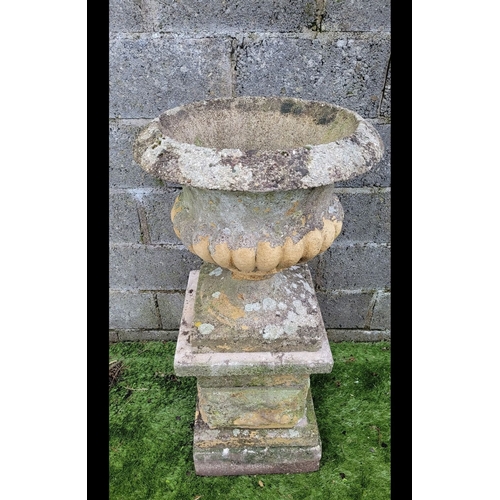 195 - A LARGE OLD GARDEN URN PLANTER ON A RAISED PEDISTAL, with fluted detail to the urn, old paint in pla... 