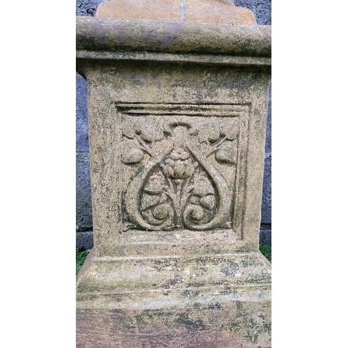 196 - A PAIR OF OLD GARDEN URNS ON PEDESTAL BASES, the urn planters with eagle head detail & petal gadroon... 