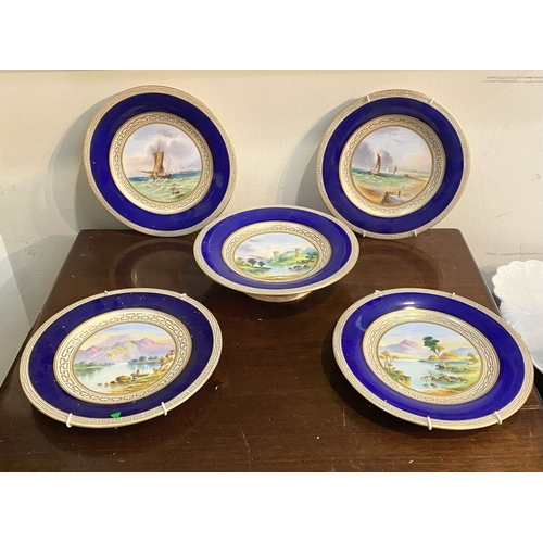 197 - A BEAUTIFUL SET OF FOUR HAND-PAINTED SCENIC CABINET PLATES AND ONE STANDING BOWL, in the style of Ro... 