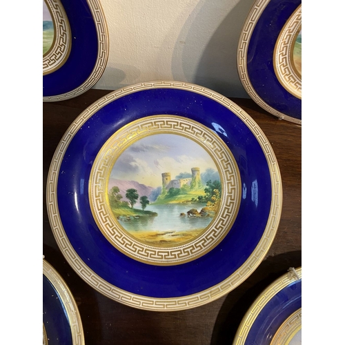 197 - A BEAUTIFUL SET OF FOUR HAND-PAINTED SCENIC CABINET PLATES AND ONE STANDING BOWL, in the style of Ro... 