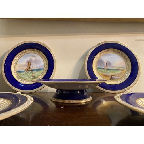 197 - A BEAUTIFUL SET OF FOUR HAND-PAINTED SCENIC CABINET PLATES AND ONE STANDING BOWL, in the style of Ro... 