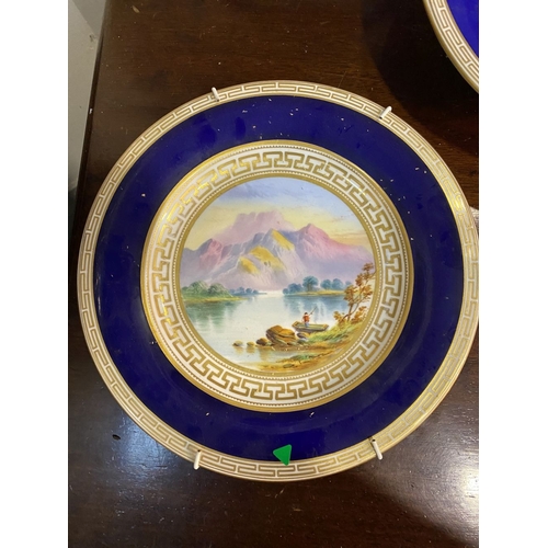 197 - A BEAUTIFUL SET OF FOUR HAND-PAINTED SCENIC CABINET PLATES AND ONE STANDING BOWL, in the style of Ro... 