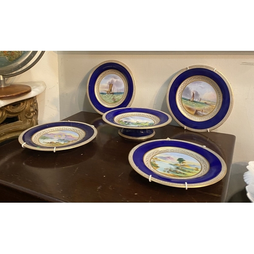 197 - A BEAUTIFUL SET OF FOUR HAND-PAINTED SCENIC CABINET PLATES AND ONE STANDING BOWL, in the style of Ro... 