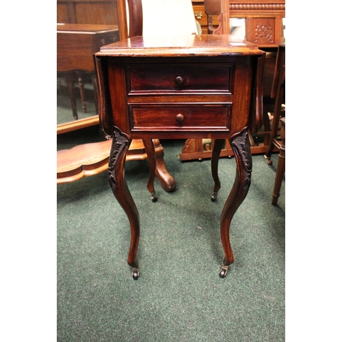 198 - A DROP LEAF WORK / SIDE TABLE, with 2 frieze drawers, and 1 drop door cabinet to the opposite side, ... 