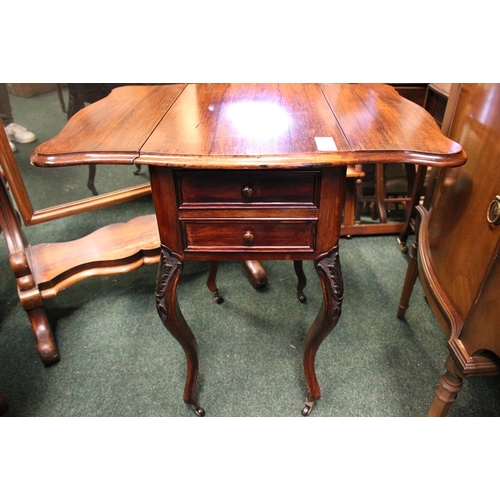 198 - A DROP LEAF WORK / SIDE TABLE, with 2 frieze drawers, and 1 drop door cabinet to the opposite side, ... 