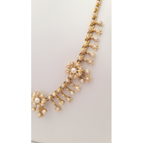 2 - A LATE 19TH CENTURY HANDCRAFTED 15CT YELLOW GOLD & PEARL FRINGE NECKLACE, circa 1890, a beautiful pi... 